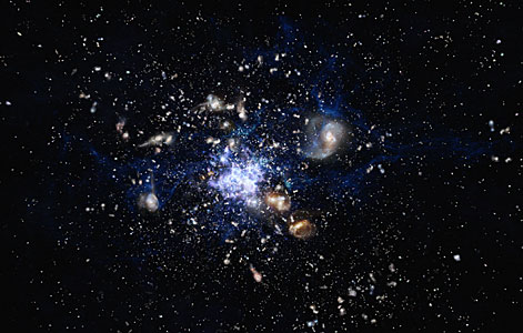 Artist's impression of a protocluster forming in the early Universe