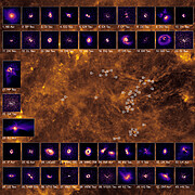 On top of one image, which consists of an orange cloud-like structure with bright spots, lie 43 smaller images of discs on dark backgrounds. The disc images are coloured in shades of purple, orange and white, and each disc has a unique shape. The discs are labelled by number, and their location within the orange cloud-like structure is indicated on the larger image.