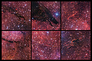 The image shows a dark nebula at the centre of the picture, against a background of reddish fumes. The shape of the dark nebulous cloud is that of a wolf’s head, looking to the right. Surrounding the dark nebula are bright white stars of different sizes, tiny dots and bigger gassy spheres.