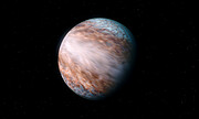 Artist’s impression showing WASP-127b, a giant gas planet. The planet takes up almost the full frame, with its atmosphere showing whirling motion all over the planet. Wispy ripples of blueish white mixed with orange imply motion, with white being the dominant colour at the equator and the planet’s poles, and a band of more orange-red between them. In the black background are some tiny white stars.