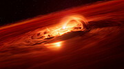 A digital illustration of a planet surrounded by a flat gaseous disc, in bright orange tones. In the central parts of the disc, material is flowing from the disc onto the planet along arched trajectories above and below the plane of the disc.