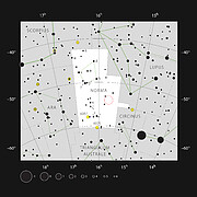 An astronomical chart with stars shown as black circles against a white sky. Larger circles correspond to brighter stars. Some stars and constellations are labelled. A red circle marks the location of RCW 94/95.