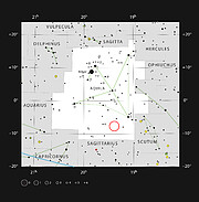 An astronomical chart with stars shown as black circles against a white sky. Larger circles correspond to brighter stars. Some stars and constellations are labelled. A red circle marks the location of WISPIT 2.