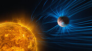 An illustration of a planet orbiting a star. The star is a huge yellow sphere with a hot “bubbling” surface. The planet is a gas giant, completely covered with clouds that are smeared due to the planet’s fast winds. The planet is surrounded by a magnetic shield of sorts, depicted with blue lines curving away from the star.