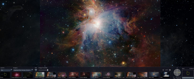 Captura de ecrã de uma imagem do ESO da nebulosa de Orion mostrada no WWT do Windows