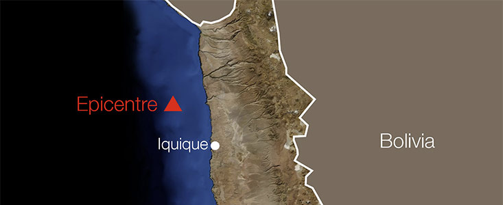 The location of the epicentre of the 1 April 2014 Chilean earthquake