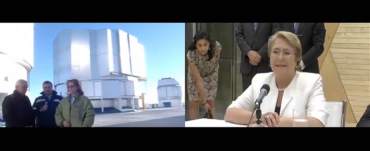 Screenshot of the Chilean President Michelle Bachelet video conference with Paranal Observatory from Expo Milano 2015