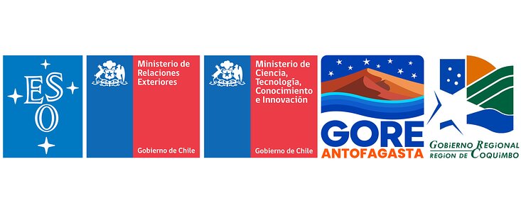 Logos de ESO, Ministerio de Relaciones Exteriores de Chile, Ministerio de Ciencia de Chile, Gobierno Regional de Antofagasta y Gobierno Regional de Coquimbo