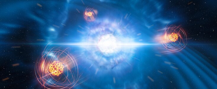 Künstlerische Darstellung der Entstehung von Strontium aus einer Verschmelzung von Neutronensternen