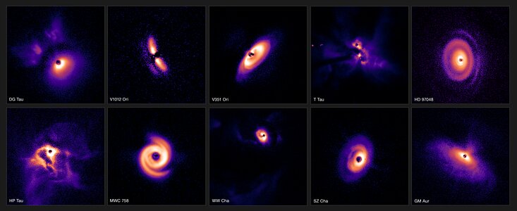 Zehn Bilder von Scheiben sind in zwei Reihen vor einem schwarzen Hintergrund angeordnet. Die Scheiben sind in den Farben Lila, Orange und Weiß gehalten. In der Mitte jeder Scheibe befindet sich ein schwarzer Punkt. Von links oben nach rechts unten sehen die Scheiben wie folgt aus: länglich und gebogen mit einer Unterbrechung in der Mitte; länglich, geneigt und scharf; unregelmäßig und flockig; ein ringförmiger Kreis; eine unregelmäßige, große Wolke; eine von oben nach unten verlaufende Spirale; ein kleiner Kreis mit ausgedehnten Fetzen; fast kreisförmig; länglich, geneigt und dunstig.