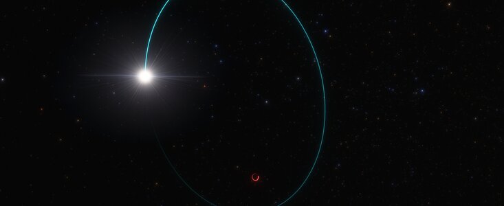 The image shows an artist’s impression of a massive star, shining brightly in a white-yellow colour, orbiting a stellar black hole. The star’s orbital path is elliptical, outlined faintly in blue, with the major axis oriented vertically. The black hole is only visible as a red circular outline, and is located towards the bottom of the ellipse.