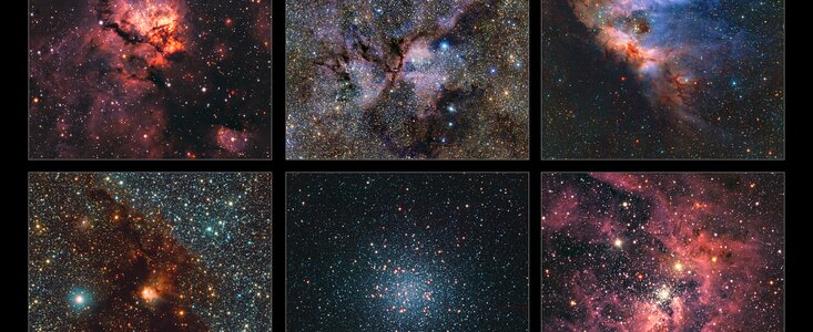 A 2x3 grid of square images of astronomical objects. Five of them show beautiful wispy nebulae in different shades of blue, purple and pink. One of them shows a tightly packed spherical distribution of stars.