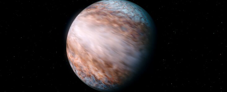 Artist’s impression showing WASP-127b, a giant gas planet. The planet takes up almost the full frame, with its atmosphere showing whirling motion all over the planet. Wispy ripples of blueish white mixed with orange imply motion, with white being the dominant colour at the equator and the planet’s poles, and a band of more orange-red between them. In the black background are some tiny white stars.