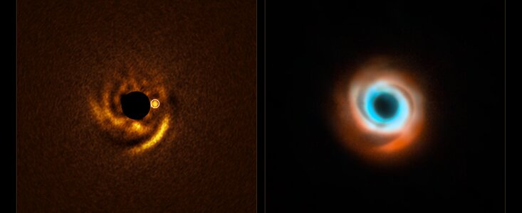 This shows two different images of the same swirling cloud of gas and dust, taken with different instruments. The left hand image only uses one colour, showing a swirling spiral pattern of glowing yellow light with a dark hole in the middle. On the right of the spiral, close to the centre, is a glowing point that has been circled in white, which shows a possible planet's position. The image on the right doesn't show this poibt, but does show the rest of the spiral pattern more clearly in both blue and red. The blue regions are in the middle of the spiral, but as the arms swirl around each other they become more red towards the edges.
