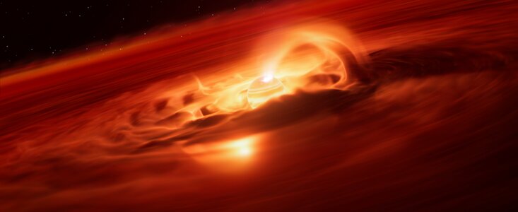 A digital illustration of a planet surrounded by a flat gaseous disc, in bright orange tones. In the central parts of the disc, material is flowing from the disc onto the planet along arched trajectories above and below the plane of the disc.