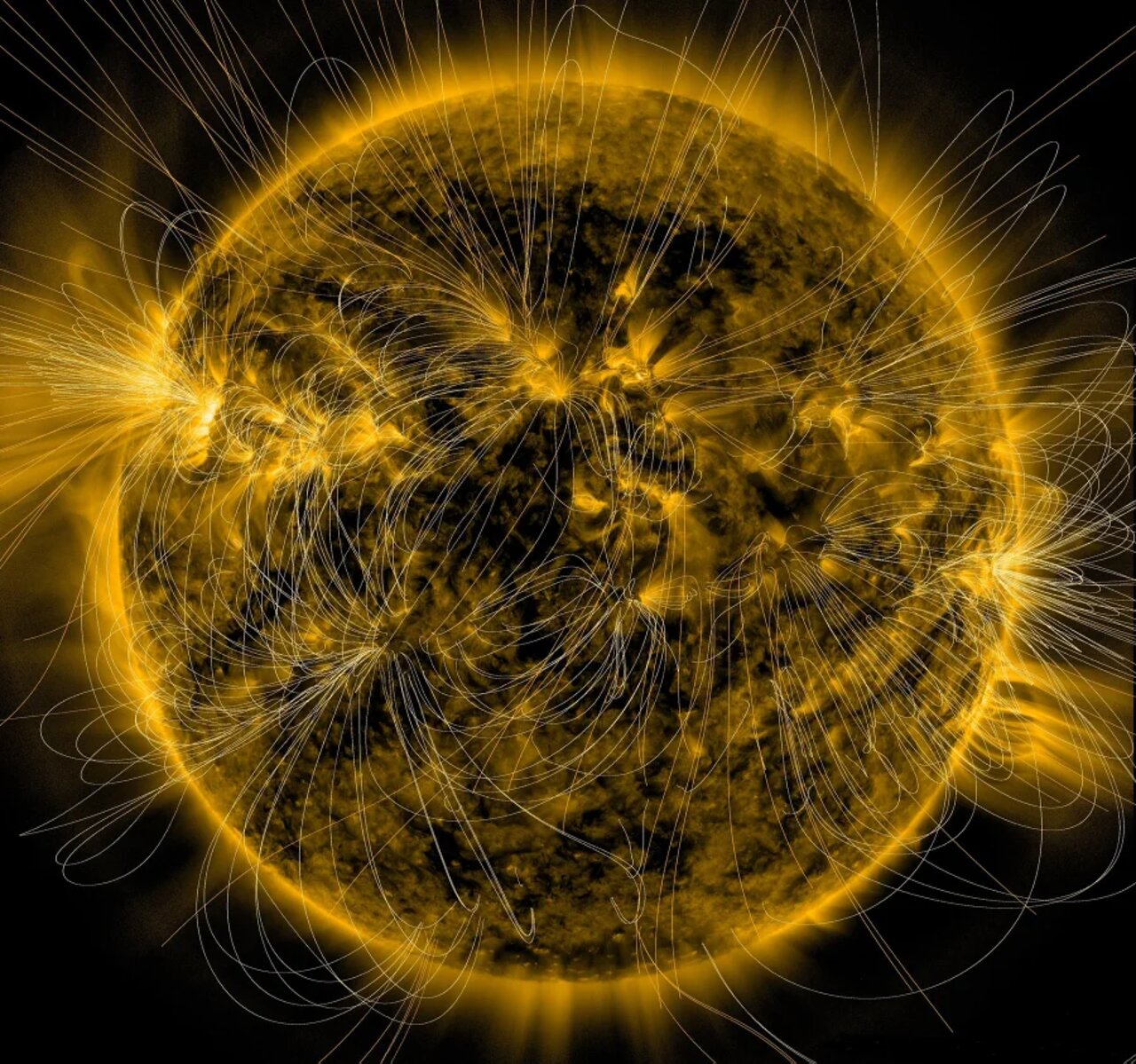 The different magnetic fields interacting on the Sun’s surface, creating solar flares and sunspots
