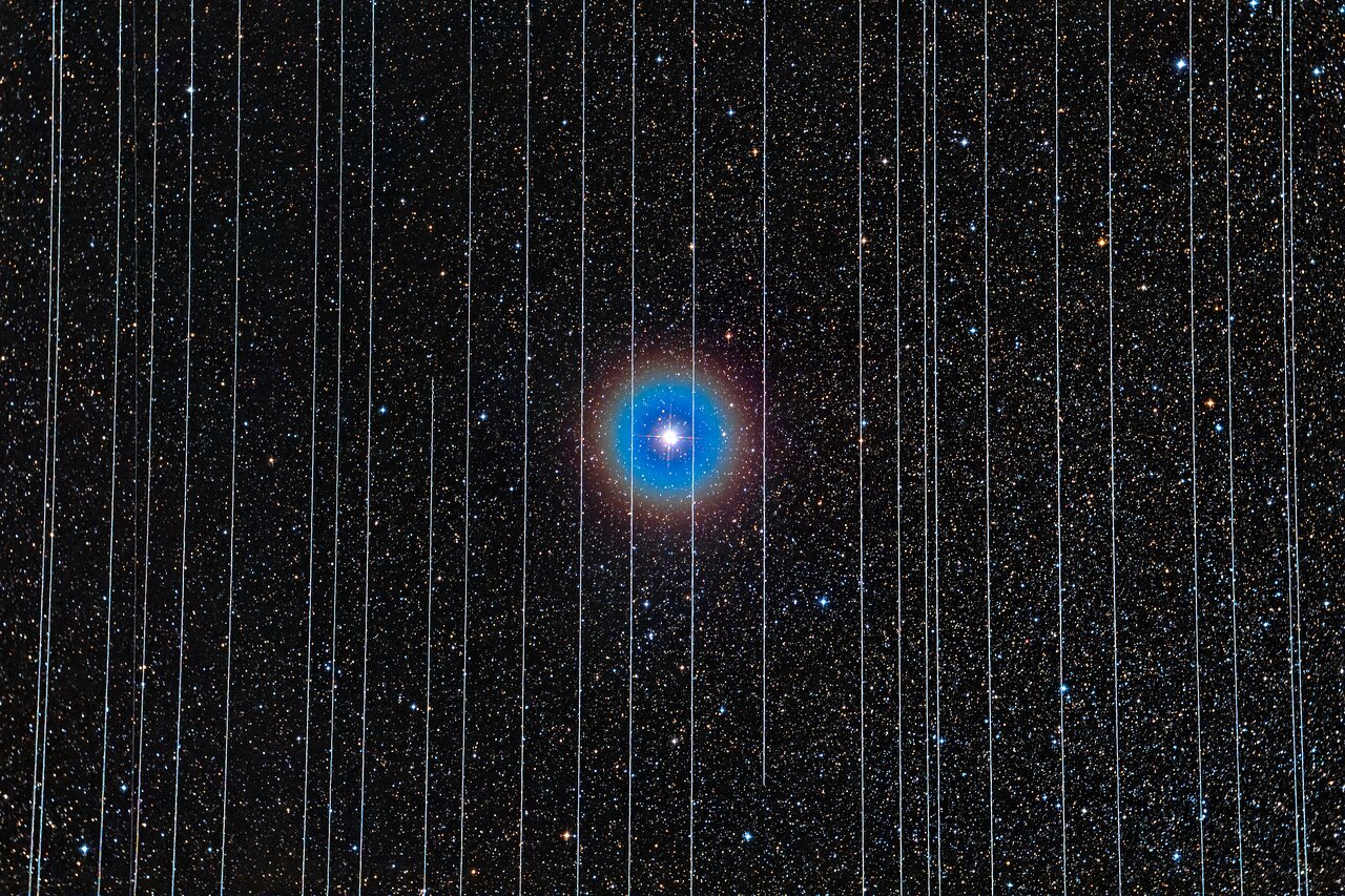 Albireo in Cygnus with Starlink Satellites