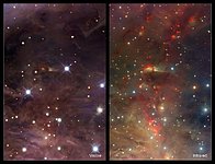 Infrared/visible comparison of an extract from the VISTA Orion Nebula image