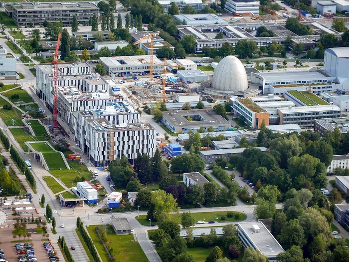 Aerial view of the heart of the TUM Forschungszentrum