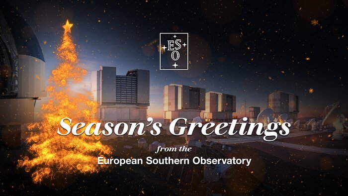 This festive-looking image features the words 'Season's Greetings from the European Southern Observatory' in the foreground. Above that is the ESO logo, and to the left is a golden Christmas tree. In the background, multiple telescope domes can be seen surrounded by golden snowflakes, creating a warm Christmas atmosphere.