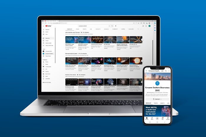 The image shows a laptop positioned centrally on a blue blue background. To the right and forward of the laptop is a mobile phone. On each screen the ESO YouTube channel in its new layout can be seen.