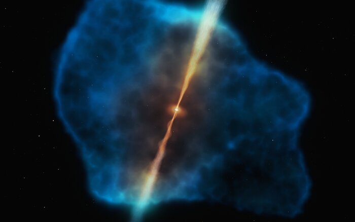 Künstlerische Darstellung eines entfernten Quasars, der von einem Gashalo umgeben ist