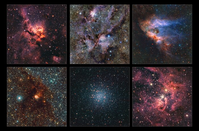 A 2x3 grid of square images of astronomical objects. Five of them show beautiful wispy nebulae in different shades of blue, purple and pink. One of them shows a tightly packed spherical distribution of stars.