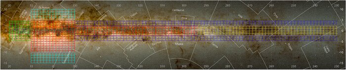 This is a very elongated horizontal image showing the Milky Way –– a bright band of stars crossed by dark dusty lanes. There is a grid of small squares with different colours covering most of the image. The sky is divided into different areas, each labeled with the name of a constellation. A set of numbers run both horizontally and vertically along the edges of the image.