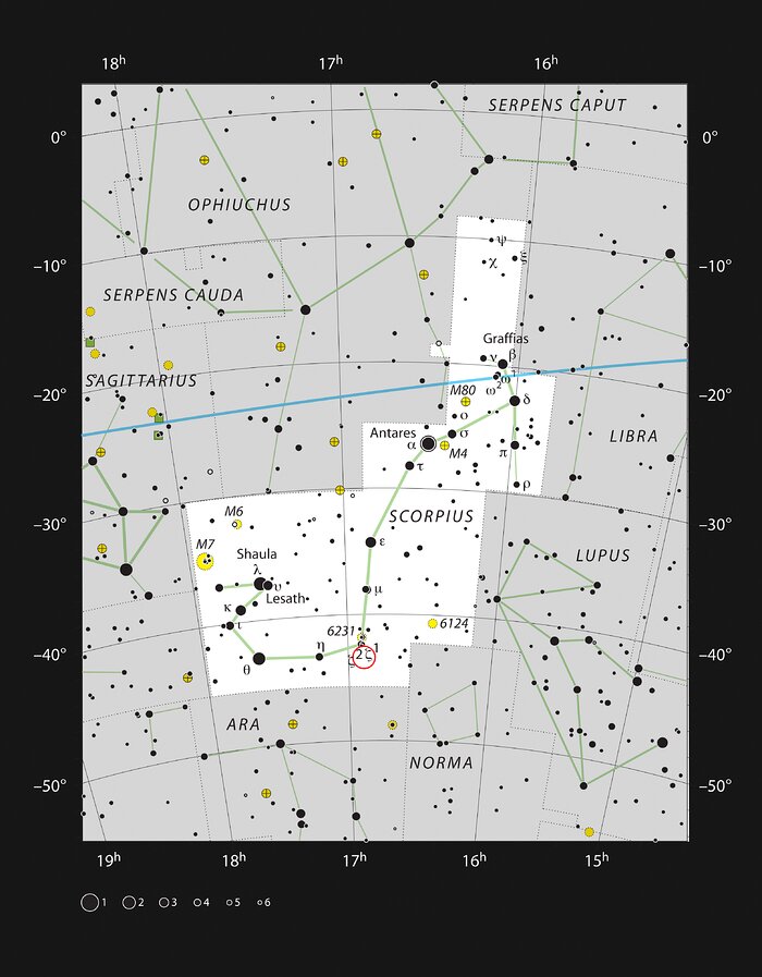 The image shows a chart with black dots in different sizes, representing stars, on a grey background. Green lines connect stars to indicate constellations. The Scorpius constellation is in the middle, highlighted using a white background. Greek letters indicate its stars, a red circle is drawn around the Dark Wolf Nebula. Some other constellations are named too. Numbers and lines indicate the celestial coordinates. Underneath the map there is a legend with circles of different sizes representing stars of different brightness.