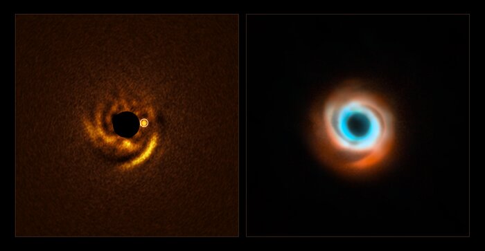 This shows two different images of the same swirling cloud of gas and dust, taken with different instruments. The left hand image only uses one colour, showing a swirling spiral pattern of glowing yellow light with a dark hole in the middle. On the right of the spiral, close to the centre, is a glowing point that has been circled in white, which shows a possible planet's position. The image on the right doesn't show this poibt, but does show the rest of the spiral pattern more clearly in both blue and red. The blue regions are in the middle of the spiral, but as the arms swirl around each other they become more red towards the edges.