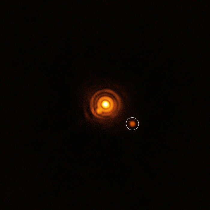 Against a backdrop of complete darkness, two glowing spots of light can be seen in the middle of this image. At the very centre, a bright orange point of light is surrounded by three rings of orange material, which vary in thickness as they get further from the central point. Below these glowing rings, and slightly to the right, is a faint orange smudge that has been circled in white to highlight it's presence. This is the possible companion found around the central star.