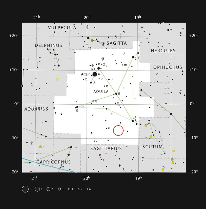 An astronomical chart with stars shown as black circles against a white sky. Larger circles correspond to brighter stars. Some stars and constellations are labelled. A red circle marks the location of WISPIT 2.