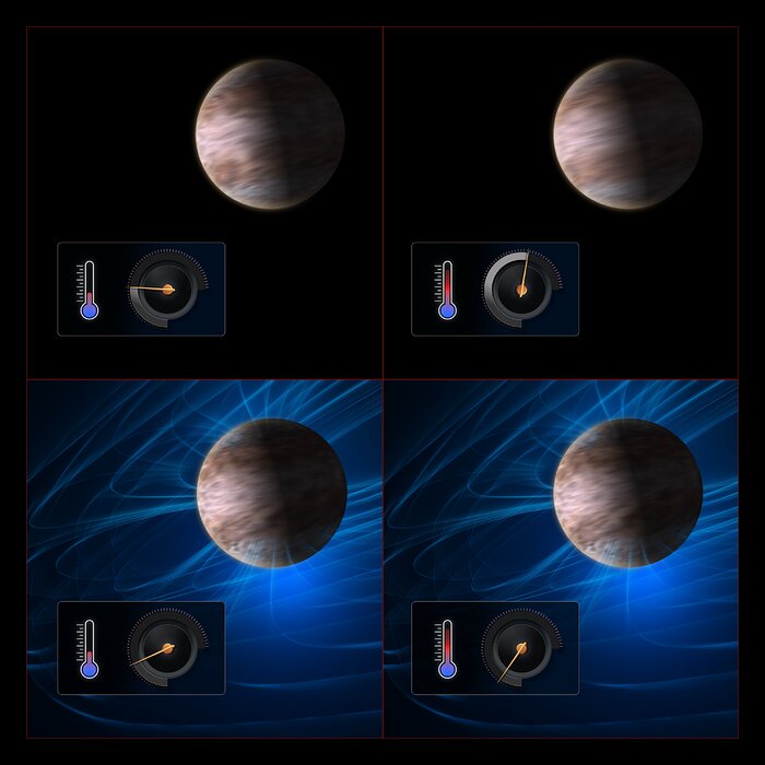 An illustration showing how magnetic fields slow down winds on exoplanets. The diagram has four panels, each showing a gas giant planet with clouds smeared by the planet’s winds. Each planet is accompanied by a thermometer that indicates its temperature and a speed meter that shows the wind speed. The planets in the top row have no magnetic fields; the planet on the right is hotter than the one on the left. When magnetic fields are added (bottom row) the wind speed slows down in both planets, but more so in the hotter planet.