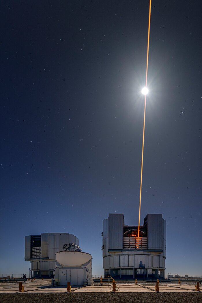 In the top right of this photo, a white circular Moon shines brightly, the glow emanating outwards against a dark blue sky. The blue sky background fills most of this photo, dark at the top and getting lighter moving down. At the bottom, three white telescope domes sit upon a light brown ground. Two are large and geometric, and one is smaller and rounded. From the rightmost large dome, through an open roof, a yellow line of light emanates and cuts through the white Moon and off the top of the photo.