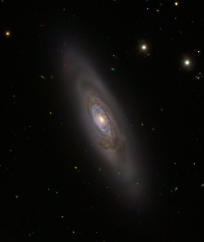 The picture shows a dark region of space, dominated by a large galaxy and other single stars visible in its surroundings. The galaxy is elongated like an ellipse and appears in a faint white colour. There is a blue ring at the centre of this galaxy, corresponding to young stars.