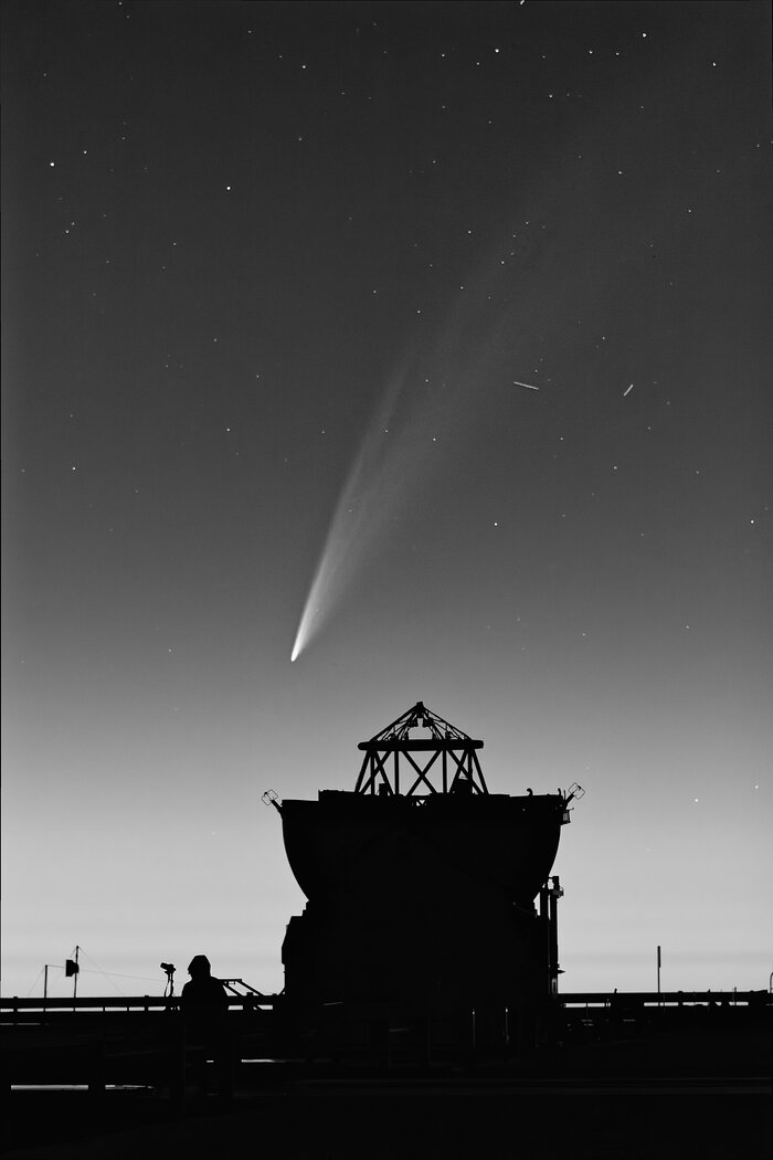 This black and white picture shows a small telescope and a large portion of the night sky. At the forefront, the silhouette of a small telescope reveals its small dome and central structure. Besides it stands a man, wearing a hood. The background of the picture shows the night sky, although only a few stars are visible, as well as a few short white strikes which indicate moving objects. The ’star’ of this composition, though, is the comet C/2024 G3 (ATLAS), which covers most of the frame and looks like a giant feather in the sky (or a bushy cat’s tail). The core of the comet (its tip) is bright white, while its tail becomes more diffuse as you go away from the core.