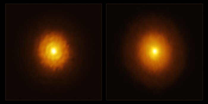 Two images of the same disc side by side. The disc looks like a fuzzy orange oval. The image to the left shows some concentric rings, whereas the one to the right is featureless.