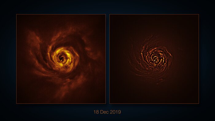 The image shows a disc with spiral arms, coloured in yellow and orange tones, labeled as 18 December 2019, 25 November 2021 and 23 October 2023. Two images are shown side by side: the original observations and a sharper version enhancing some of the features of the disc.
