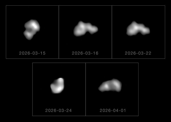 The image depicts four/five black squares in a grid with a pale irregular rounded oblong shape in each one. Each shape is a different angle of the same object and is shown in shades of white to dark grey. The top left and bottom left squares show the object oriented vertically and the top right and bottom right squares show the object oriented horizontally. One end of the object is thicker than the other, and there are two visibly narrower sections along the length of the object.