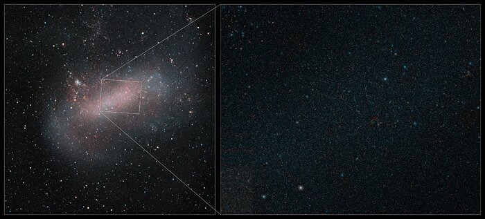 Two telescopic images of the Large Magellanic Cloud side by side. One shows the full galaxy, a diffuse, irregular and elongated agglomeration of stars. An inset zooms into its core, revealing millions of stars.