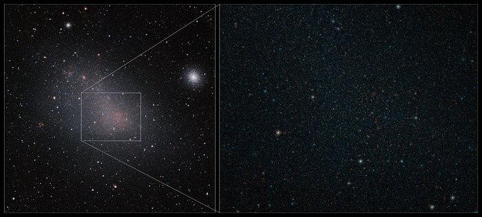 Two telescopic images of the Small Magellanic Cloud side by side. One shows the full galaxy, a diffuse, irregular and compact agglomeration of stars. An inset zooms into its core, revealing millions of stars.