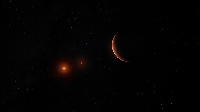 Animation av en exoplanet runt två bruna dvärgar