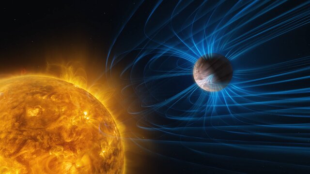 Animation eines Exoplaneten mit Magnetfeld